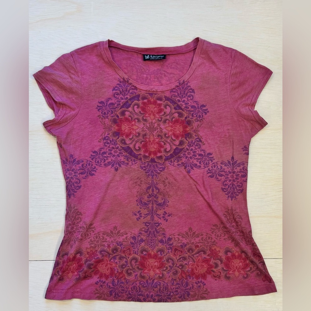 VTG Self Esteem Pink Burnout Floral Graphic tee Mandala Butterfly Design L